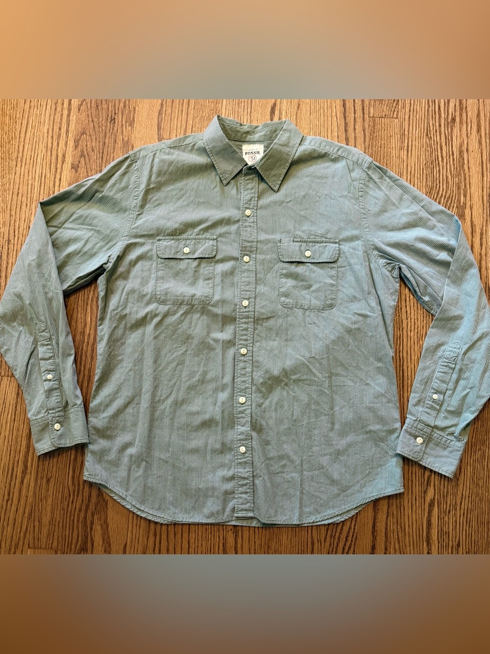Fossil Men’s L Green Striped Long Sleeve Button-Up Shirt Pockets